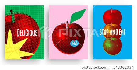 Set of colorful posters with delicious red apples in a halftone pop art style. Vector illustration. 143362334