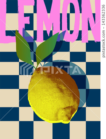 Fresh yellow lemon on a checkered tablecloth. Vector illustration ideal for posters, cards, and fabric printing. Fresh yellow lemon on a checkered tablecloth. Vector illustration ideal for posters, cards, and fabric printing. 143362336