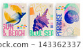 Set of deco posters with seashell and marine life in a halftone pop art style. Vector illustration. 143362337