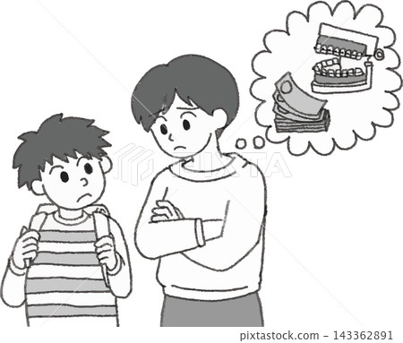 一幅黑白插圖,描繪了一位母親和一個小學生男孩,他們都在擔心孩子的正畸治療和相關費用,插圖帶有對話框,採用手繪風格。 一幅黑白插圖,描繪了一位母親和一個小學生男孩,他們都在擔心孩子的正畸治療和相關費用,插圖帶有對話框,採用手繪風格。 143362891