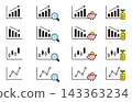 A set of icons for stock investment, asset management, and stock price charts. Includes a stock price chart, a magnifying glass, and a piggy bank. 143363234