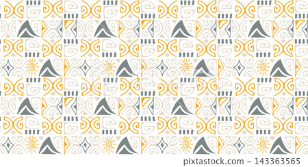 Tiki Tribal Seamless Pattern with Primitive Symbols Tiki Tribal Seamless Pattern with Primitive Symbols 143363565
