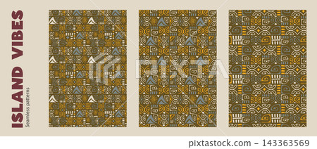 Polynesian Tiki Seamless Patterns with Ethnic Ornaments Polynesian Tiki Seamless Patterns with Ethnic Ornaments 143363569