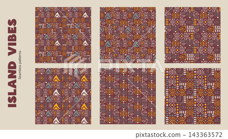 Ethnic Tiki Seamless Patterns with Polynesian Ornament Set 143363572