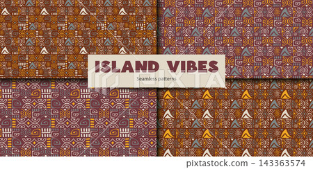 Polynesian Tribal Seamless Pattern Set with Tiki Symbols Polynesian Tribal Seamless Pattern Set with Tiki Symbols 143363574