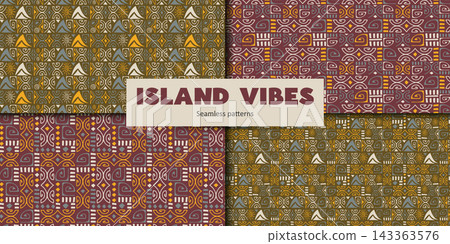 Tiki Ethnic Seamless Pattern Set with Geometric Symbols Tiki Ethnic Seamless Pattern Set with Geometric Symbols 143363576