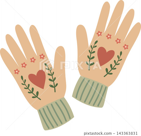 Illustration of a pair of cozy light beige winter gloves or mittens with a large terracotta-red heart, in a charming cottage-core pattern design. Illustration of a pair of cozy light beige winter gloves or mittens with a large terracotta-red heart, in a charming cottage-core pattern design. 143363831
