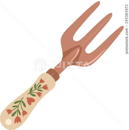 Illustration of a vintage-style hand fork or cultivator designed with a rustic floral pattern handle and terracotta-pink metal head. Illustration of a vintage-style hand fork or cultivator designed with a rustic floral pattern handle and terracotta-pink metal head. 143363972