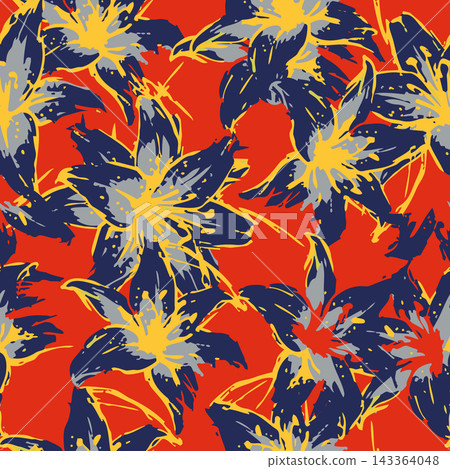 Large stylized blossoms painted with sweeping brush strokes create seamless repeating floral pattern in navy, yellow, gray, and red for textiles, wallpaper, packaging, and home decor. Large stylized blossoms painted with sweeping brush strokes create seamless repeating floral pattern in navy, yellow, gray, and red for textiles, wallpaper, packaging, and home decor. 143364048