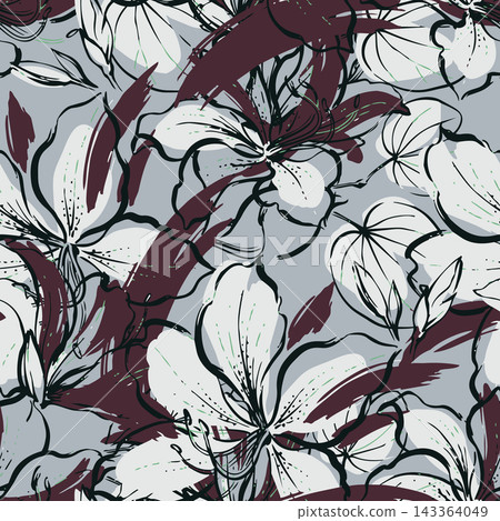 Seamless floral pattern with hand drawn brush stroke lilies, bold black outlines, burgundy accents, soft gray background, and repeated botanical composition for wallpaper, textile, wrapping, and decor Seamless floral pattern with hand drawn brush stroke lilies, bold black outlines, burgundy accents, soft gray background, and repeated botanical composition for wallpaper, textile, wrapping, and decor 143364049