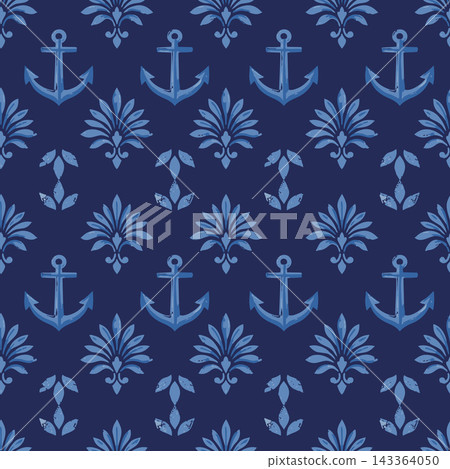 Seamless nautical pattern with repeated blue anchors and decorative floral motifs on deep navy background, suitable for wallpaper, textile print, wrapping paper, surface design, and maritime themed. 143364050