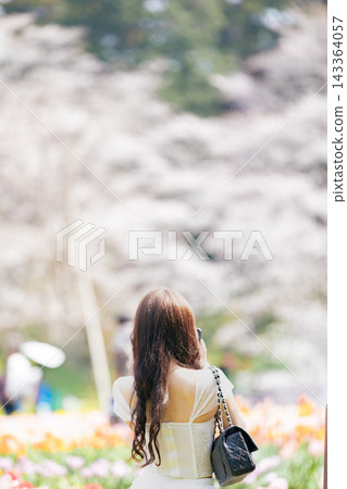 《Spring-themed figure》A young woman admiring flowers 《Spring-themed figure》A young woman admiring flowers 143364057
