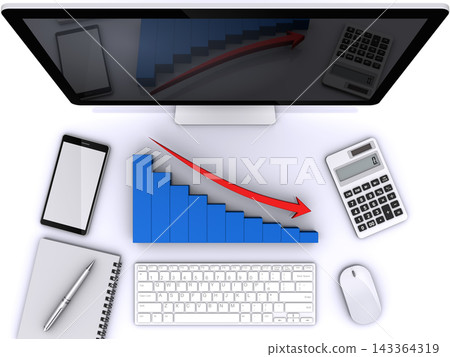 Business items and a declining 3D bar graph, representing a business recession. Business items and a declining 3D bar graph, representing a business recession. 143364319
