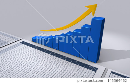 A 3D bar graph illustrating strong performance, business materials, and a vision of business growth. 143364462
