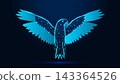 Low poly wireframe parrot flying with spread wings on dark blue background. 143364526
