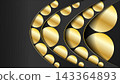 An elegant abstract background featuring overlapping dark grey curved layers decorated with metallic gold circular patterns 143364893