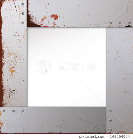 Four of old rusty metal sheet have scratches and distress texture attached by pins as a blank frame square template. Four of old rusty metal sheet have scratches and distress texture attached by pins as a blank frame square template. 143364904