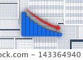 A 3D bar graph showing the decline in profits, business documents, and an image of the downward trend in business performance. 143364940