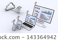 A diagram showing how a PC or smartphone displaying business data connects to the cloud via a Wi-Fi connection. 143364942