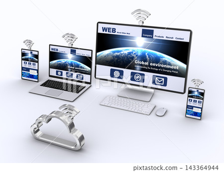 A diagram showing how a computer or smartphone displaying a webpage connects to the cloud via a Wi-Fi connection. 143364944