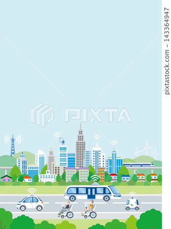 智慧城市街景背景插圖，其中5G和通訊網路已廣泛覆蓋。 143364947
