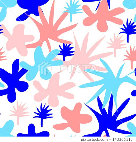 Simple abstract vector seamless pattern. Blue pink shapes on a white background. For prints of fabric, wrapping paper, textile products, clothing. Simple abstract vector seamless pattern. Blue pink shapes on a white background. For prints of fabric, wrapping paper, textile products, clothing. 143365113