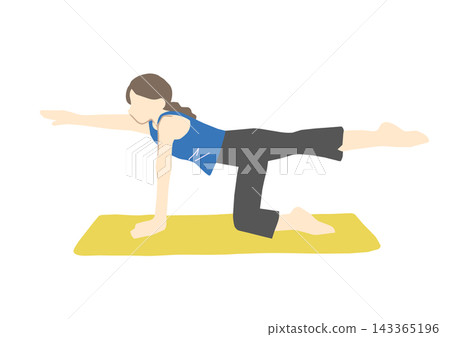 Illustration of a woman doing Pilates on a yoga mat for health maintenance. 143365196