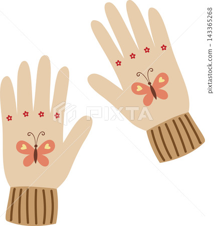 Illustration of a pair of cozy light beige winter gloves or mittens with a butterfly, in a charming cottage-core pattern design. Illustration of a pair of cozy light beige winter gloves or mittens with a butterfly, in a charming cottage-core pattern design. 143365268