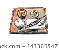 A watercolor illustration of a saury set meal. 143365547