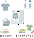An illustration of laundry/laundry chores (washing machine, detergent, fabric softener, laundry, towels, and laundry basket). 143365731