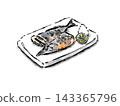 A watercolor illustration of grilled saury. 143365796