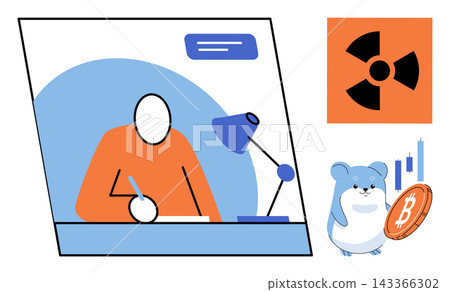 A person working at a desk and a hamster holding a bitcoin coin vector illustration. Remote work, digital finance, crypto trading, freelance career, radiation hazard, online business. Professional A person working at a desk and a hamster holding a bitcoin coin vector illustration. Remote work, digital finance, crypto trading, freelance career, radiation hazard, online business. Professional 143366302
