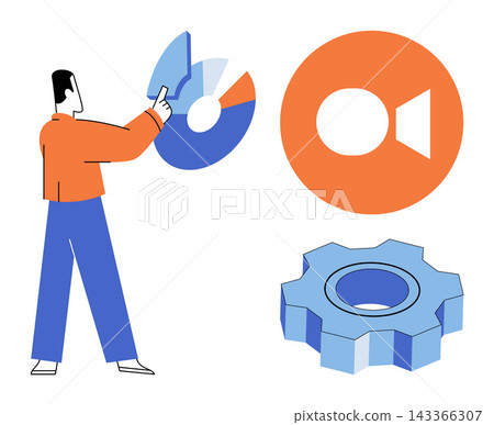 Man pointing at a pie chart with video and gear icons vector illustration. Data analysis, project management, digital marketing, software development, corporate strategy, workflow optimization Man pointing at a pie chart with video and gear icons vector illustration. Data analysis, project management, digital marketing, software development, corporate strategy, workflow optimization 143366307