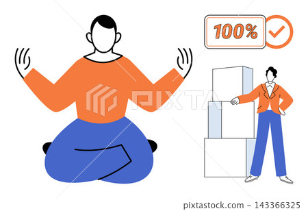 Person meditating and professional standing by boxes vector illustration. Wellness, work life balance, productivity, stress management, corporate efficiency, mental health. Employee relaxing Person meditating and professional standing by boxes vector illustration. Wellness, work life balance, productivity, stress management, corporate efficiency, mental health. Employee relaxing 143366325