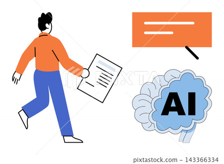 Man walking with a document near an artificial intelligence brain vector illustration. Technology, machine learning, data analysis, digital innovation, automation, research. Person holding paper Man walking with a document near an artificial intelligence brain vector illustration. Technology, machine learning, data analysis, digital innovation, automation, research. Person holding paper 143366334