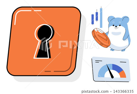 Hamster investor holding a coin with a keyhole icon and financial charts vector illustration. Investment, cryptocurrency, trading, finance, wealth, market analysis. Rodent trader with money Hamster investor holding a coin with a keyhole icon and financial charts vector illustration. Investment, cryptocurrency, trading, finance, wealth, market analysis. Rodent trader with money 143366335