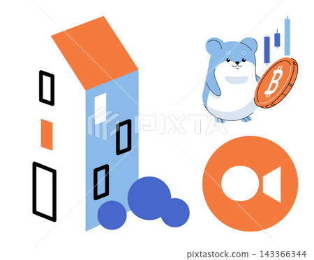 House building with a hamster holding a bitcoin coin vector illustration. Financial growth, property market, digital currency, crypto trading, asset management, investment strategy. Residential 143366344