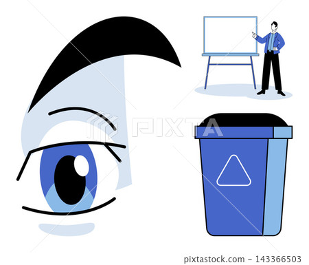 Human eye, man presenting at whiteboard, and recycling bin vector illustration. Education, sustainability, vision, waste management, corporate training, ecology. Optical organ, speaker trash 143366503
