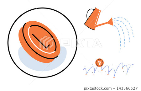 Watering a coin and rising bitcoin chart vector illustration. Financial growth, investment strategy, passive income, wealth management, digital economy, market success. Nurturing capital Watering a coin and rising bitcoin chart vector illustration. Financial growth, investment strategy, passive income, wealth management, digital economy, market success. Nurturing capital 143366527