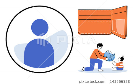 User profile icon, open wallet, and father playing with baby vector illustration. Parenting, family budget, financial planning, childcare, personal account, savings. Account symbol, billfold, dad User profile icon, open wallet, and father playing with baby vector illustration. Parenting, family budget, financial planning, childcare, personal account, savings. Account symbol, billfold, dad 143366528