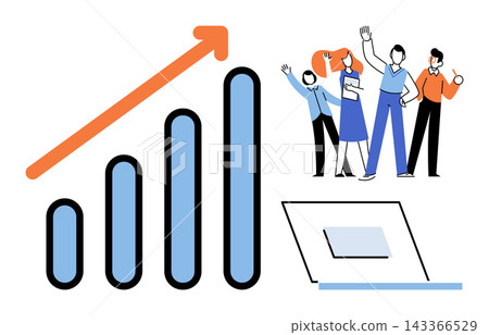Rising bar chart with a professional team and laptop vector illustration. Corporate development, teamwork, financial success, digital marketing, project management, career growth. Increasing graph Rising bar chart with a professional team and laptop vector illustration. Corporate development, teamwork, financial success, digital marketing, project management, career growth. Increasing graph 143366529
