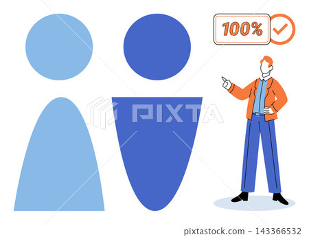 Man pointing at a hundred percent sign next to abstract human icons vector illustration. Performance, growth, success, achievement, productivity, efficiency. Businessman indicating full completion Man pointing at a hundred percent sign next to abstract human icons vector illustration. Performance, growth, success, achievement, productivity, efficiency. Businessman indicating full completion 143366532