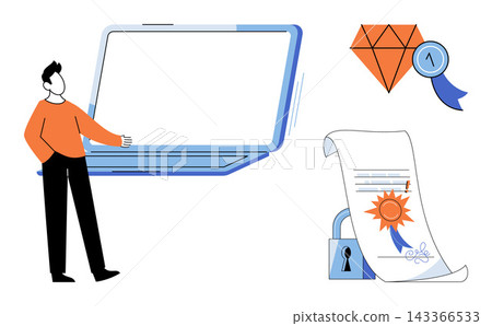Person presenting a laptop with a premium certificate and security lock vector illustration. Digital marketing, business presentation, online certification, data security, quality assurance, success Person presenting a laptop with a premium certificate and security lock vector illustration. Digital marketing, business presentation, online certification, data security, quality assurance, success 143366533