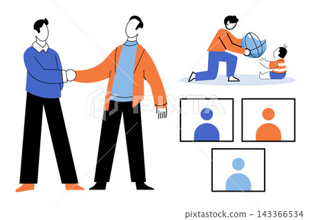 People shaking hands, playing with a child and video conferencing vector illustration. Collaboration, parenting, digital connection, teamwork, remote work, social interaction. Men meeting, family People shaking hands, playing with a child and video conferencing vector illustration. Collaboration, parenting, digital connection, teamwork, remote work, social interaction. Men meeting, family 143366534