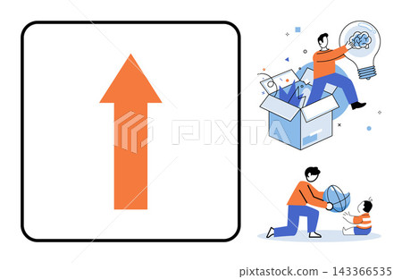 Upward arrow and people interacting with objects vector illustration. Growth, development, creativity, education, family, guidance. Directional sign and characters engaged in activities Upward arrow and people interacting with objects vector illustration. Growth, development, creativity, education, family, guidance. Directional sign and characters engaged in activities 143366535