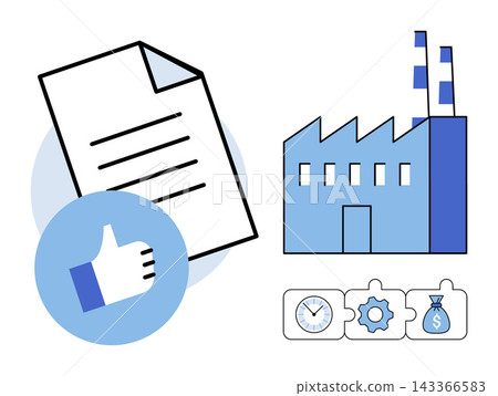 Document with thumbs up icon, factory building, and puzzle pieces with icons vector illustration. Manufacturing, business operations, quality control, productivity, logistics, management. Paper Document with thumbs up icon, factory building, and puzzle pieces with icons vector illustration. Manufacturing, business operations, quality control, productivity, logistics, management. Paper 143366583