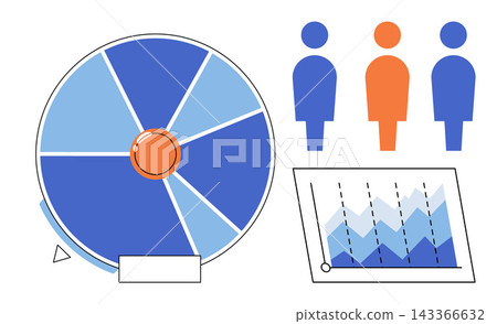 Pie chart with people icons and data graph vector illustration. Statistics, market research, team performance, audience analysis, corporate strategy, project management. Circular diagram with human Pie chart with people icons and data graph vector illustration. Statistics, market research, team performance, audience analysis, corporate strategy, project management. Circular diagram with human 143366632