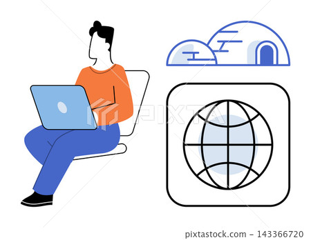 Person sitting and using a laptop next to globe and igloo icons vector illustration. Remote work, global connectivity, digital nomad, travel, internet access, housing. Man operating computer Person sitting and using a laptop next to globe and igloo icons vector illustration. Remote work, global connectivity, digital nomad, travel, internet access, housing. Man operating computer 143366720