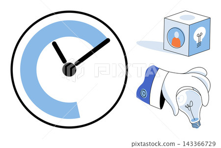 Clock progress bar, cube with user icon, and hand holding lightbulb vector illustration. Productivity, innovation, strategy, planning, brainstorming, efficiency. Timer graphic, creative solution Clock progress bar, cube with user icon, and hand holding lightbulb vector illustration. Productivity, innovation, strategy, planning, brainstorming, efficiency. Timer graphic, creative solution 143366729