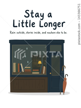 A bookstore and umbrellas on a rainy day, and wall art with English lettering. 143366751